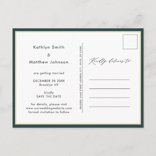 Groene Elegant Gold Script Modern sparen de Datum Aankondigingskaart (Achterkant)