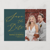 Groene Elegant Gold Script Modern sparen de Datum Aankondigingskaart (Voorkant)