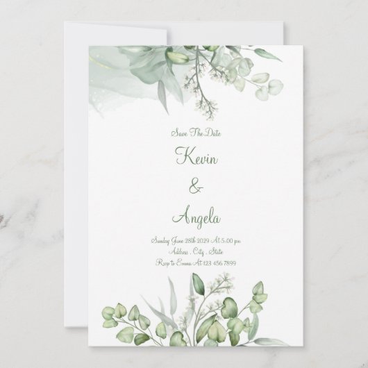 Groene Elegante Bloemen Opslaan Datum Wieden Uitno Kaart (Voorkant)