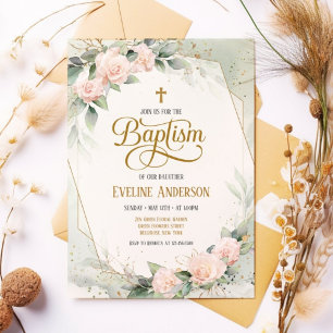 Groene Elegante Bloemen  Waterverf Doop Kaart