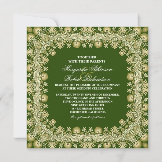 Groene elegante Damask bruiloft uitnodigingen (Voorkant)
