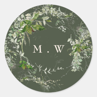 Groene Elegante Eucalyptus Krans Monogram Bruiloft Ronde Sticker