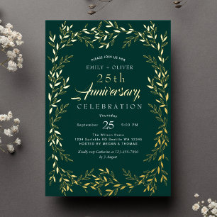 Groene Elegante Gouden Blad Jubileum Folie Uitnodiging