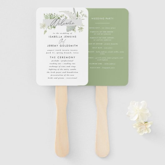 Groene elegante moderne botanische schrift huwelij handwaaier (Voorkant en achterkant)