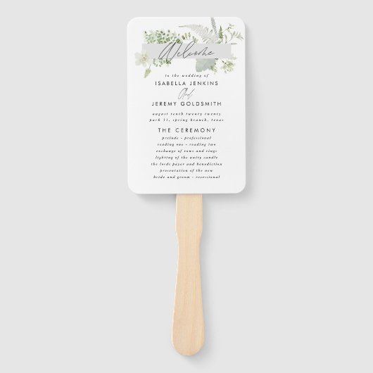 Groene elegante moderne botanische scriptbruiloft handwaaier (Voorkant)