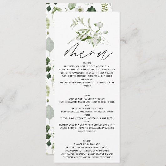 Groene elegante moderne botanische scriptbruiloft menu (Voorkant / Achterkant)