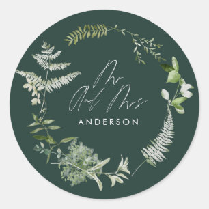 Groene elegante moderne botanische scriptbruiloft ronde sticker