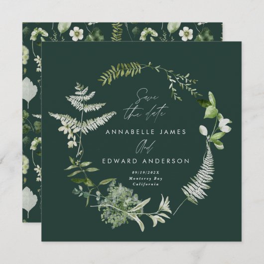 Groene elegante moderne botanische scriptbruiloft save the date (Voorkant / Achterkant)
