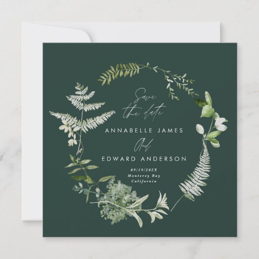 Groene elegante moderne botanische scriptbruiloft save the date (Voorkant)