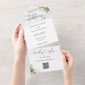Groene Elegante Script Harten QR Code Trouwfeest All In One Uitnodiging (Afscheurbaar)