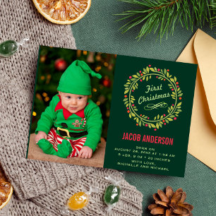 Groene Elf First kerstfoto geboorteaankondiging Aankondiging