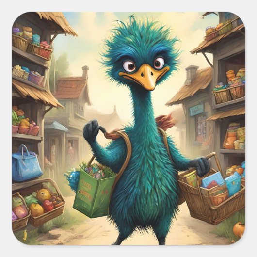 Groene emu winkelen. vierkante sticker (Voorkant)
