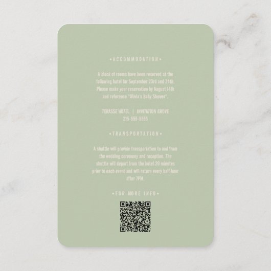 Groene en beige delicate Waterverf Baby shower Informatiekaartje (Achterkant)