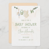 Groene en beige delicate Waterverf Baby shower Kaart (Voorkant / Achterkant)