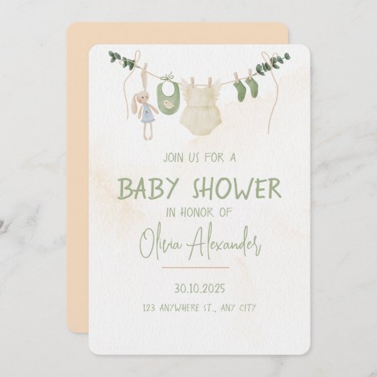Groene en beige delicate Waterverf Baby shower Kaart (Voorkant / Achterkant)
