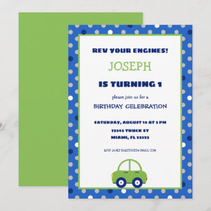 Groene en blauwe auto kinderen Birthday Party Invi Kaart