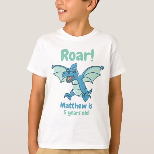 Groene en Blauwe Dragon Dinosaur Roar Boy's Birthd T-shirt (Voorkant)