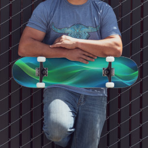 Groene en blauwe gloeiende golvende lijnen skateboard