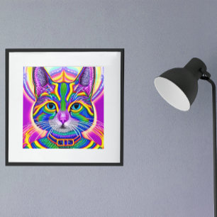 Groene en Blauwe Unieke Mystieke Kitty Kat Poster