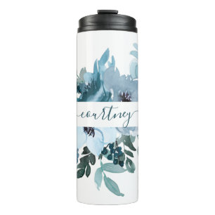 Groene en blauwe waterverf bloemstuk gepersonalise thermosbeker