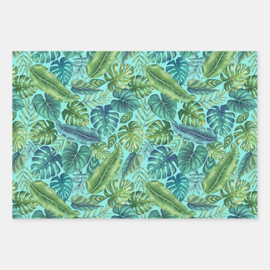 Groene en Blauwgroen tropische palmbanaanmosterdbl Inpakpapier Vel (Voorkant 3)