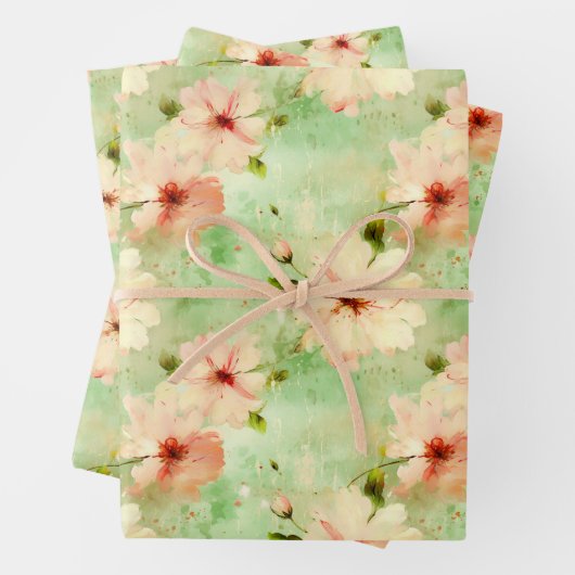Groene en Blush Bloemen Elegante Boho Inpakpapier Vel (In situ)