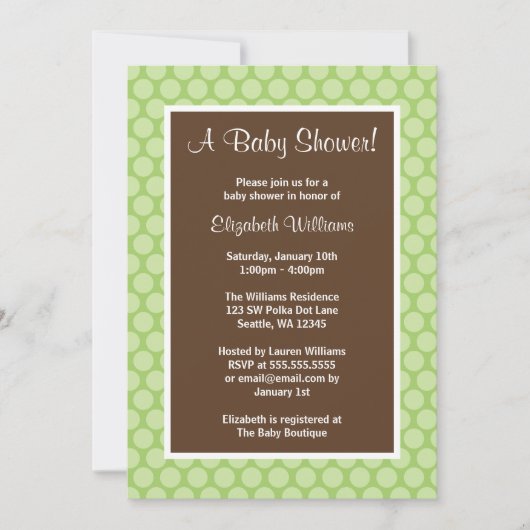 Groene en bruine poka Dots Baby Shower Invitations Kaart (Voorkant)