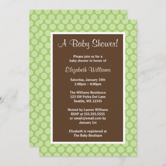Groene en bruine poka Dots Baby Shower Invitations Kaart (Voorkant / Achterkant)