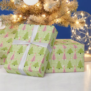 Groene en Gebroken Witte Kerstbomen Roze Kerstmis Cadeaupapier