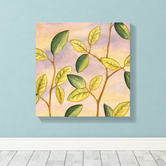 Groene en gele bladeren op zonnescherm canvas afdruk (Insitu (Houten vloer))