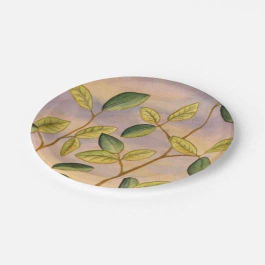 Groene en gele bladeren op zonnescherm papieren bordje (Gekanteld)