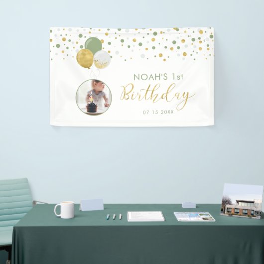 Groene en gouden ballon, eerste verjaardag Fotoban Spandoek (Beurs)