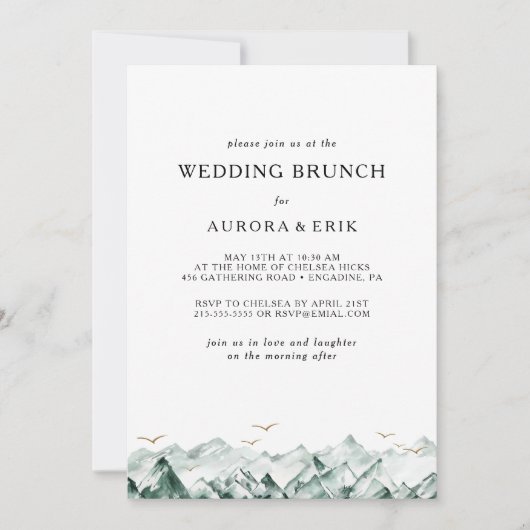 Groene en Gouden Berg Bruiloft Brunch Uitnodiging (Voorkant)