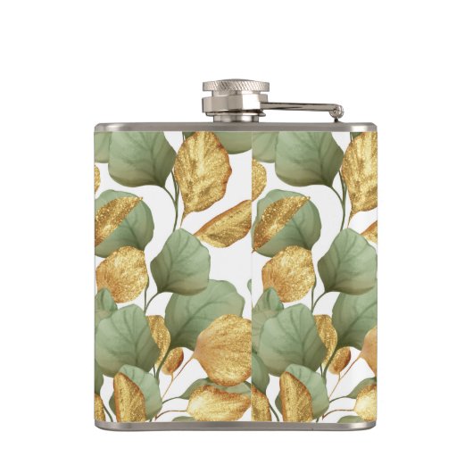 Groene en gouden bladeren. Patroon Heupfles (Achterkant)