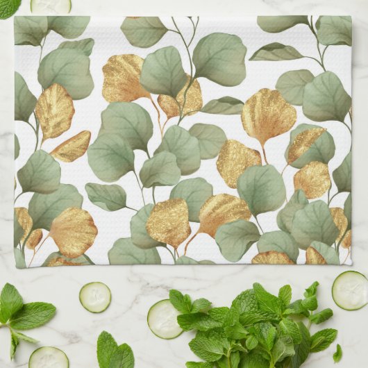 Groene en gouden bladeren. Patroon Theedoek (Gevouwen)