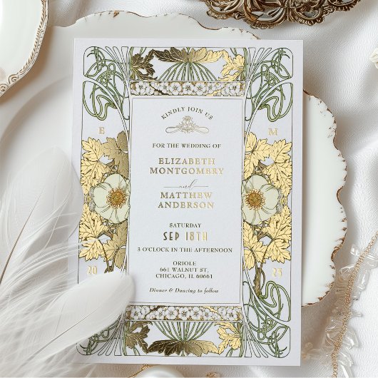 groene en gouden bruiloft Art Nouveau Mucha Folie Uitnodiging