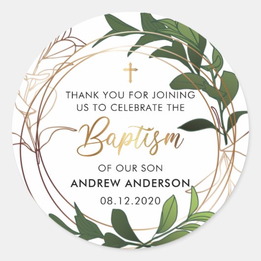 Groene en gouden doop dank u ronde sticker (Voorkant)