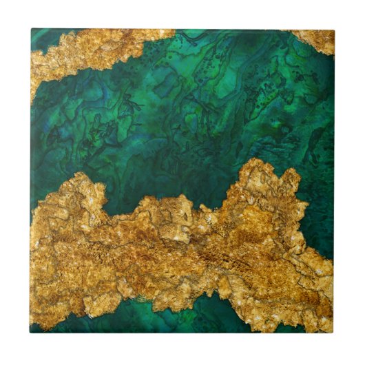 Groene en gouden gemengde media abstract tegeltje (Voorkant)