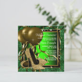 Groene en gouden hoge hakken vrouwen verjaardagsfe kaart (Staand voorkant)