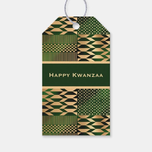 Groene en gouden Kente 'Happy Kwanzaa' Cadeaulabel (Voorkant)