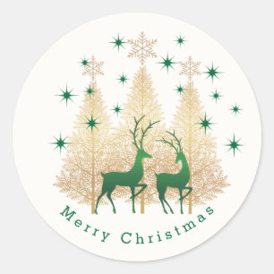 Groene en gouden kerstboom, rendieren ronde sticker