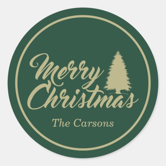 Groene en gouden kerstboom ronde sticker (Voorkant)
