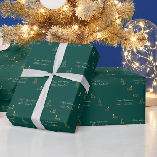 Groene en Gouden Kerstmis Tweetalige Feliz Navidad Cadeaupapier (Feestdagen)
