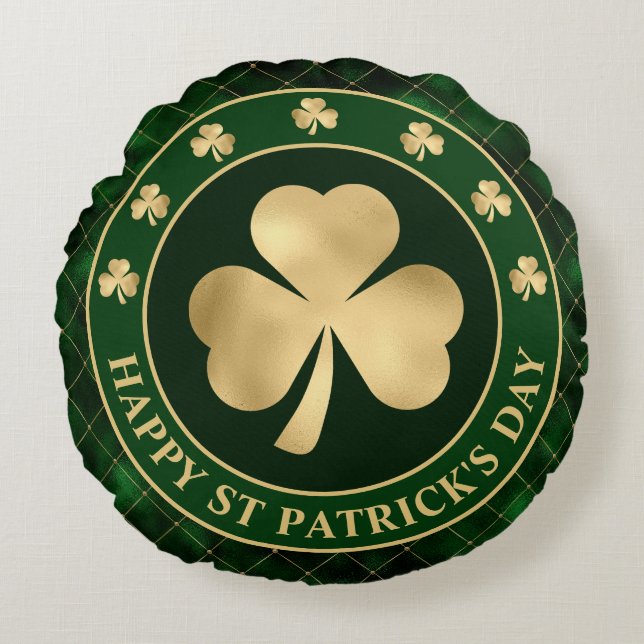 Groene en gouden klavertjevier Shamrock St. Patric Rond Kussen (Voorkant)