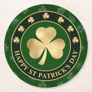 Groene en Gouden Klavertjevier Shamrock St. Patric Ronde Kartonnen Onderzetter