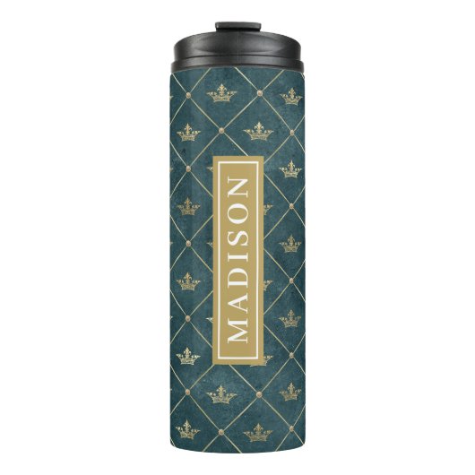 Groene en Gouden Koningin Kroonpatroon Aangepaste  Thermosbeker (Voorkant)