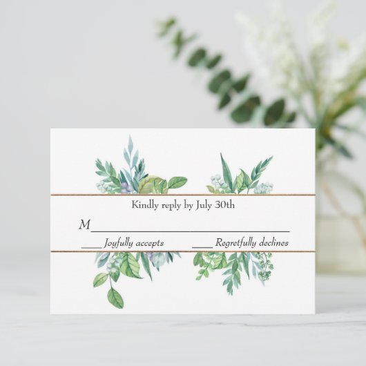 Groene en gouden lente gebladerte bruiloft RSVP Ka (Staand voorkant)