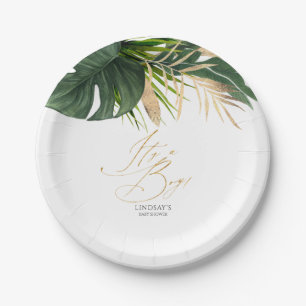 Groene en gouden palmbladeren Tropisch elegant Papieren Bordje