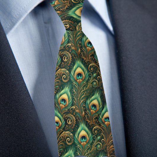 Groene en Gouden Pauw Veer Necktie Stropdas