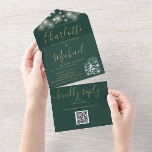 Groene en gouden QR-code Mason Jars Lichtsnoeren T All In One Uitnodiging